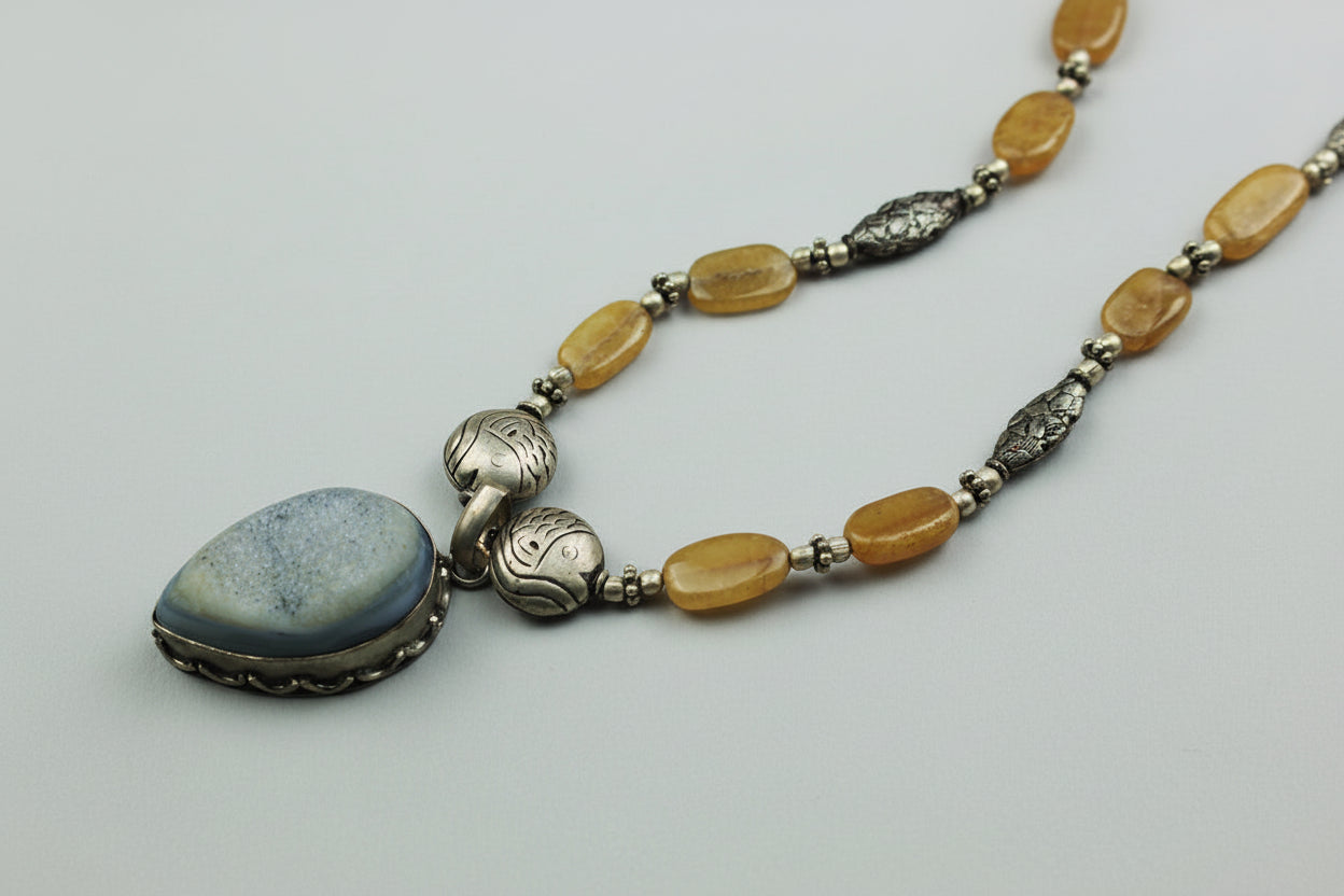Druzy Pendant & Honey Agate Beads — handcrafted by LUA Jewellery