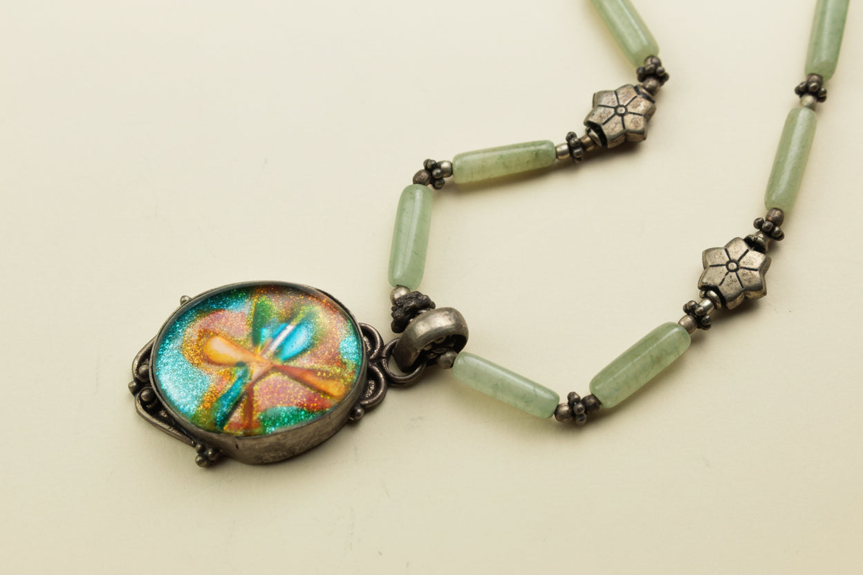 Green Aventurine Beaded Necklace with Colorful Art Glass Pendant — handcrafted by LUA Jewellery