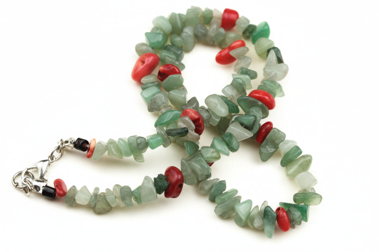 Green Aventurine Chip Necklace with Red Accents — handcrafted by LUA Jewellery