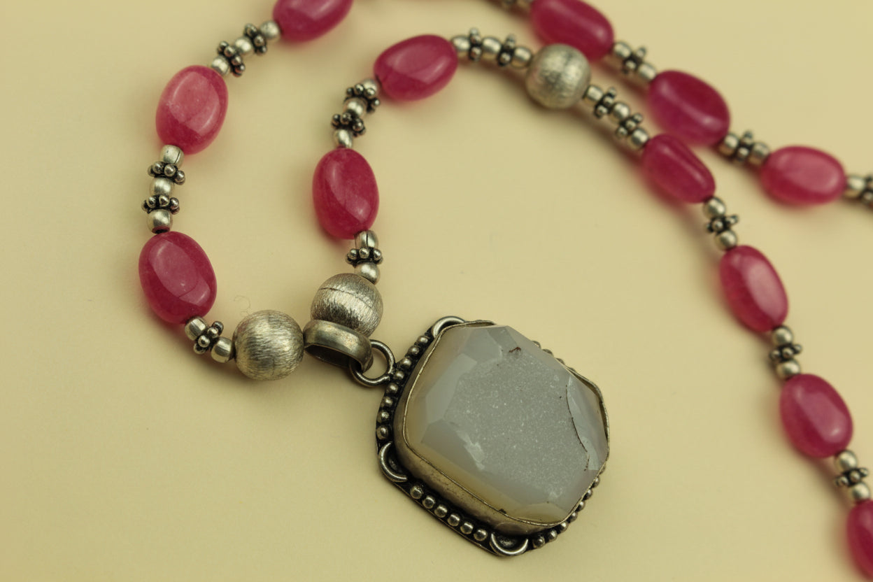 Radiant Pink Gemstone Necklace with Natural Druzy Pendant — handcrafted by LUA Jewellery