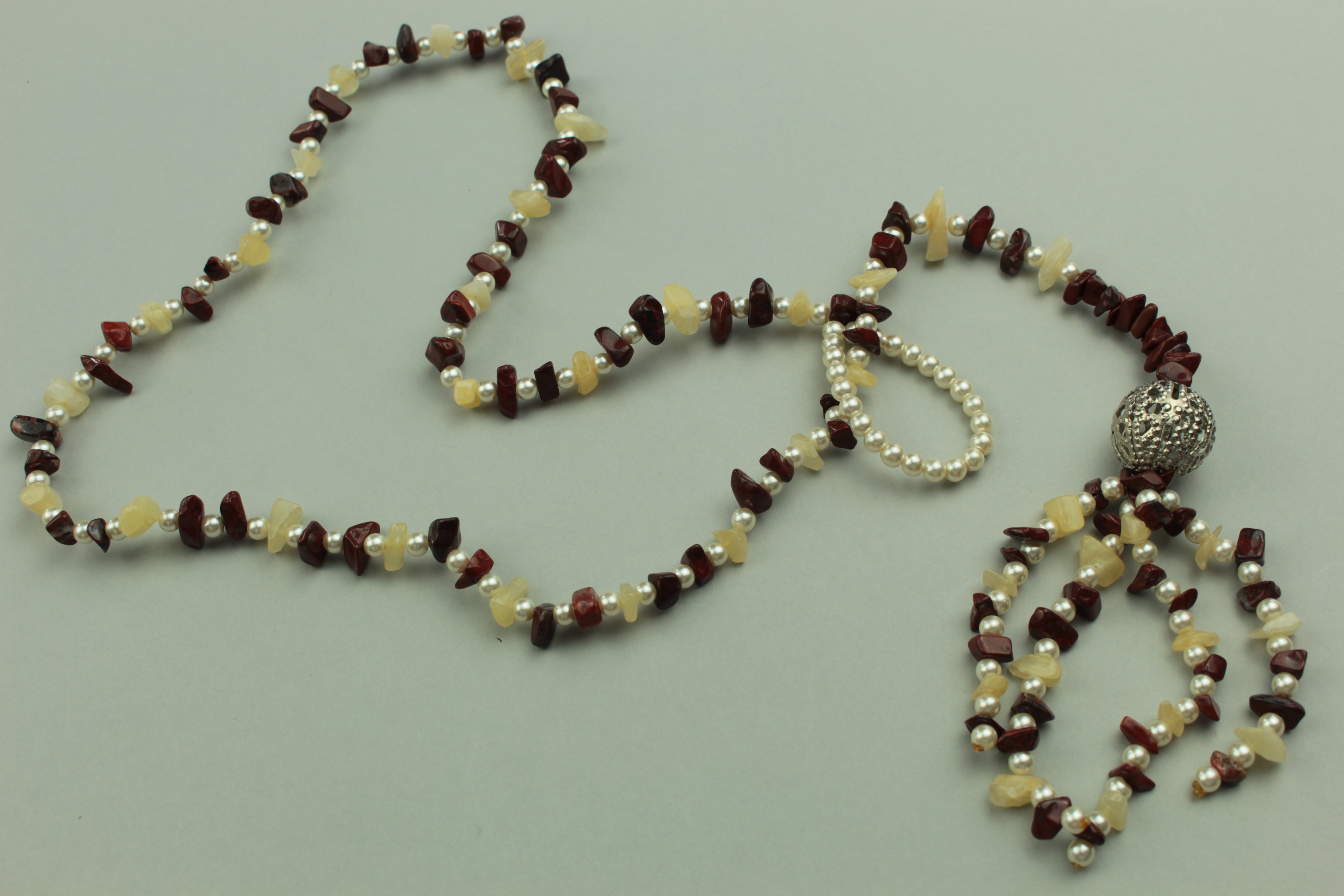 Red Jasper & Cream Stone Beaded Necklace with Pearl Accents — handcrafted by LUA Jewellery