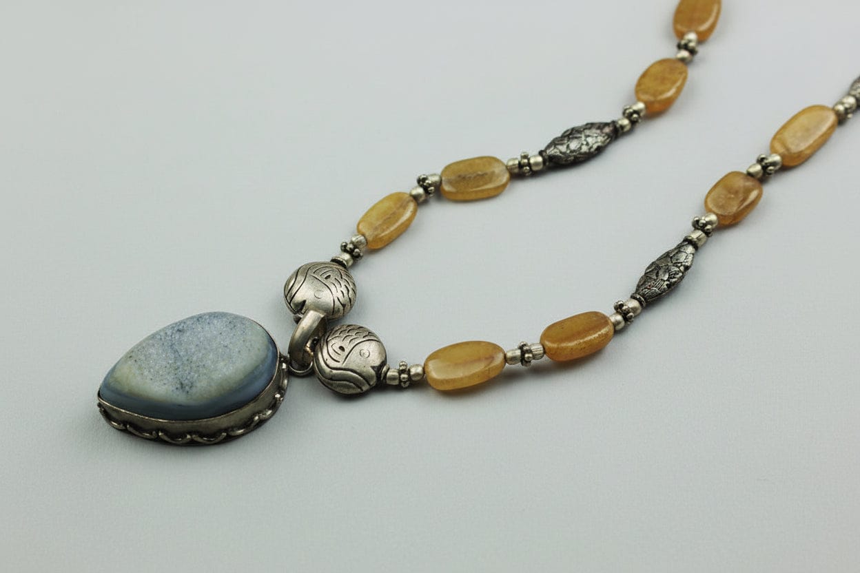 Druzy Pendant & Honey Agate Beads — handcrafted by LUA Jewellery